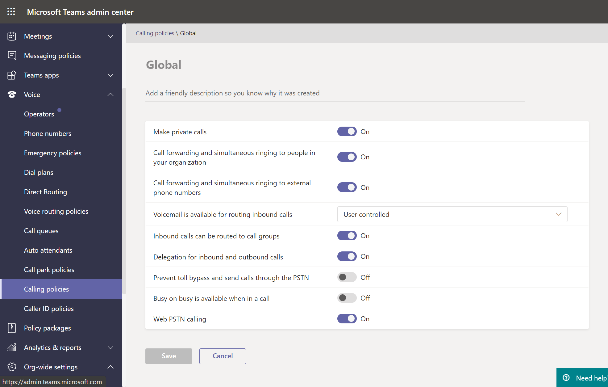 A screenshot displays the settings in the Global (Org-wide default) calling policy. Values are at their defaults.