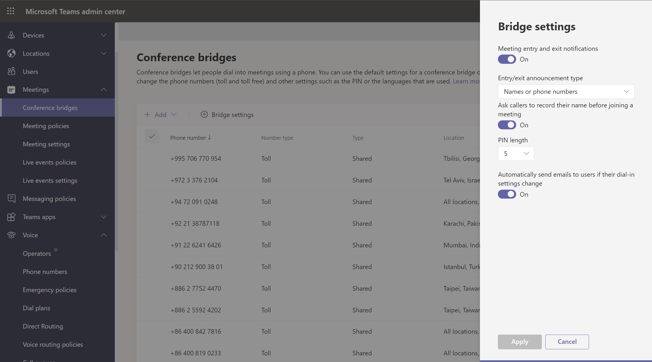 A screenshot that displays the Bridge settings blade in Conference bridges. Default values are selected.