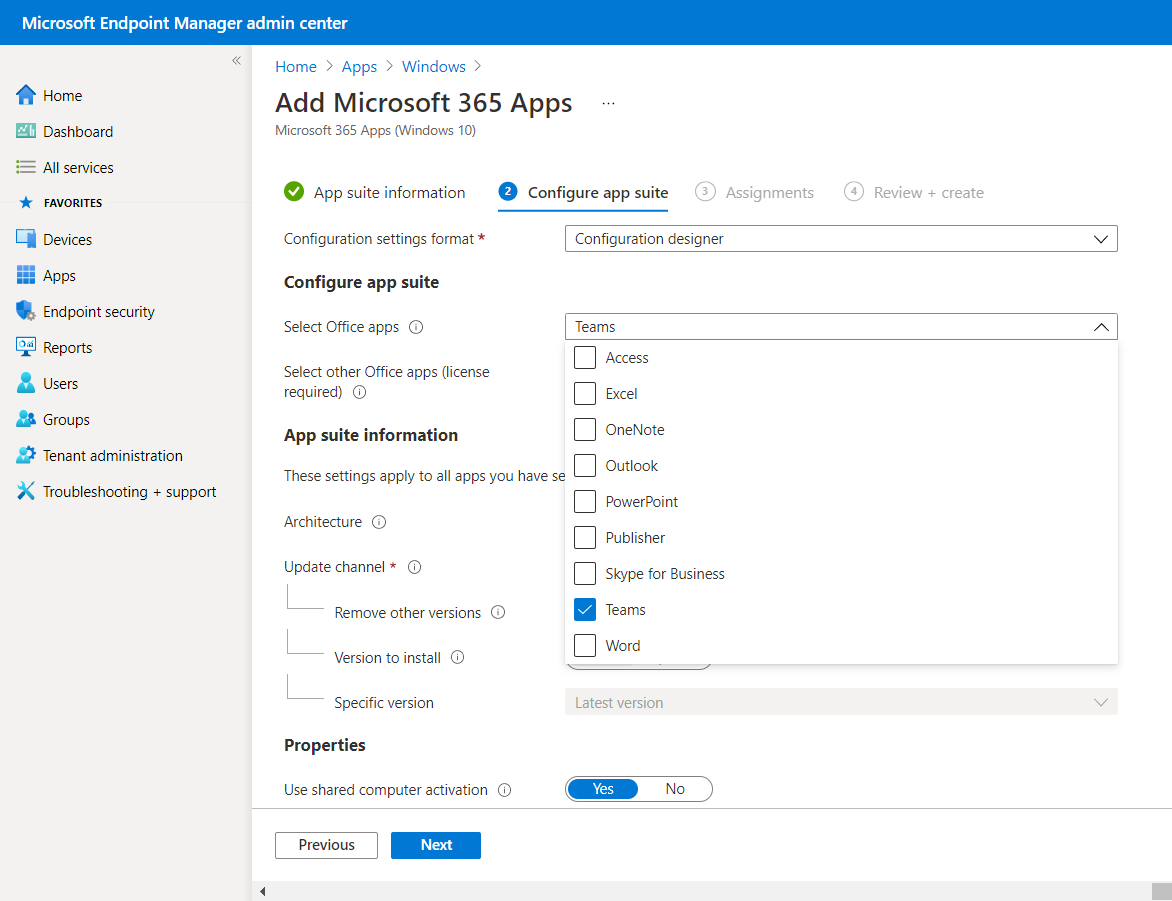 A screenshot displays the Configure app suite tab of the Add Microsoft 365 Apps wizard in Intune. The administrator has selected only Teams in the Select Office apps list.
