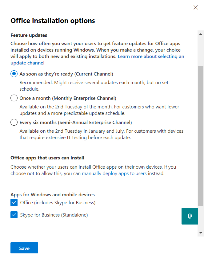 A screenshot displays the Office installation options blade. Defaults are selected.