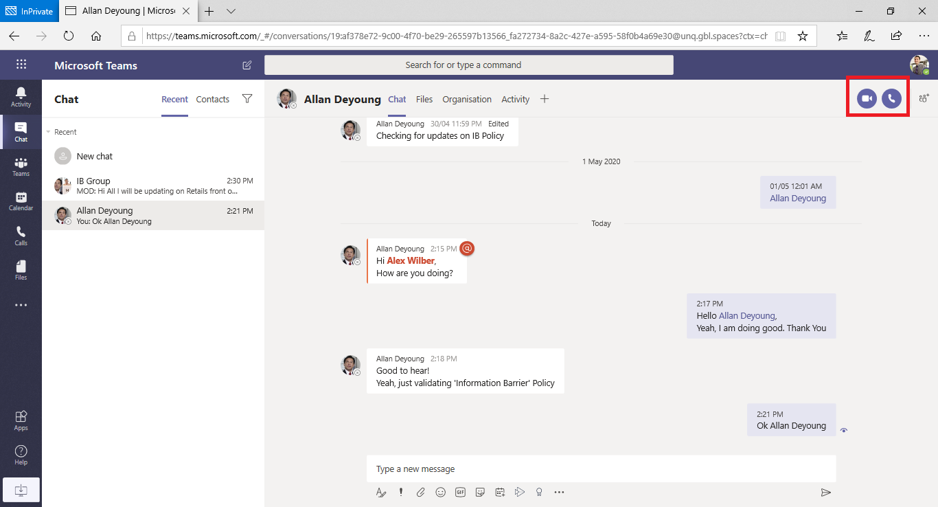 Screenshot showing when a user shares a screen with other users before Teams applies an I B policy.