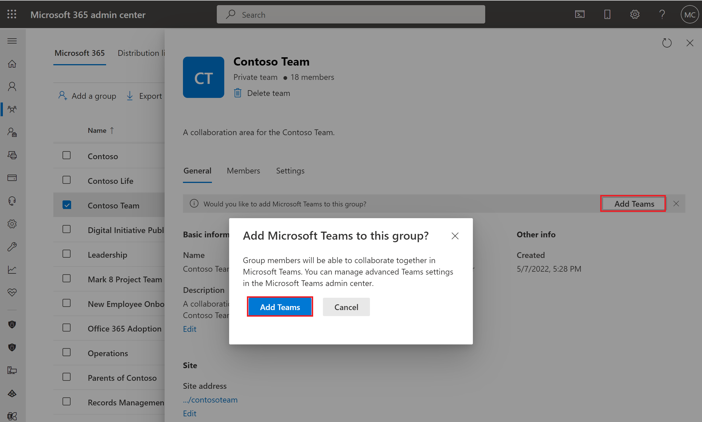 Screenshot of creating a team from Group selection in Microsoft 365 admin center.