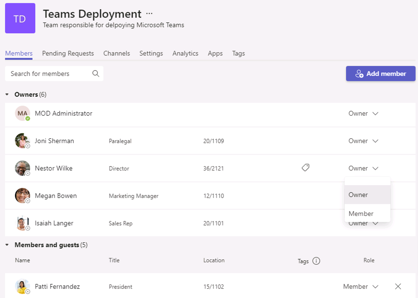  Screenshot of managing users in Teams client.