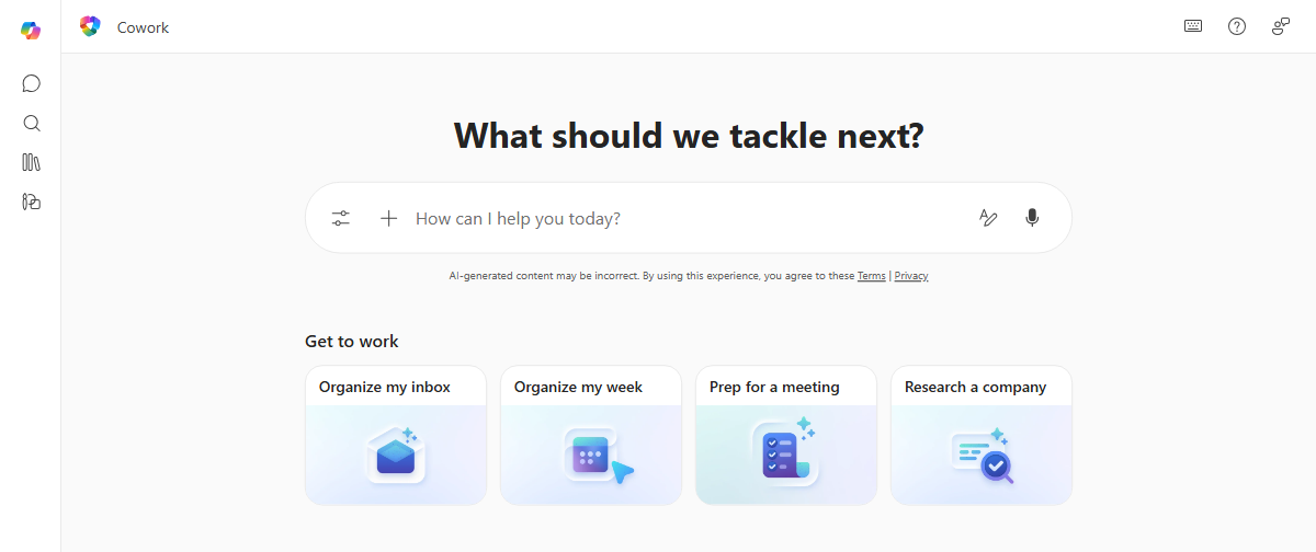 Screenshot of the Cowork home page showing the chat input field, suggested prompts like Catch me up and Organize my inbox, and a list of recent tasks.