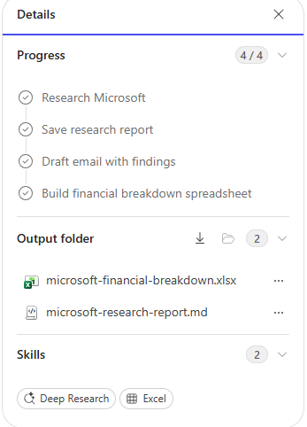 Screenshot of the Cowork Details side panel showing completed progress, output files including an Excel spreadsheet and research report, and active skills.