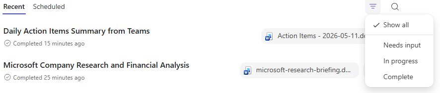 Screenshot of the Cowork Recent tasks tab showing two completed tasks with output files and a filter menu with Show all, Needs input, In progress, and Complete options.