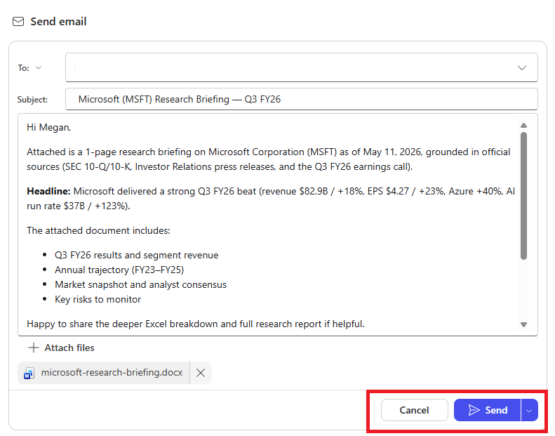 Screenshot of a Cowork approval dialog showing a draft email ready to send, with Send and Cancel buttons.