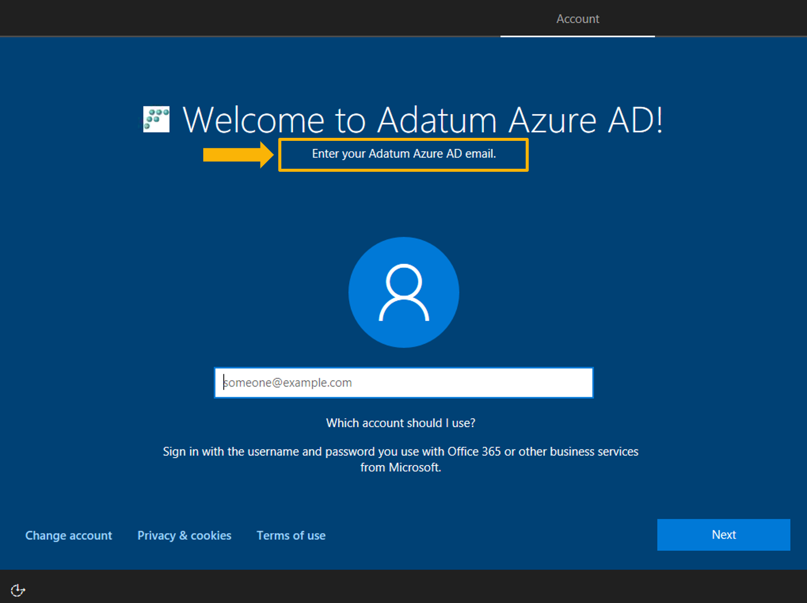 Screenshot shows the Windows AutoPilot setup process. The user enters their Azure AD email address instead of a Microsoft Account during the setup.