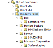 Screenshot of the Drivers folders in Deployment Workbench.