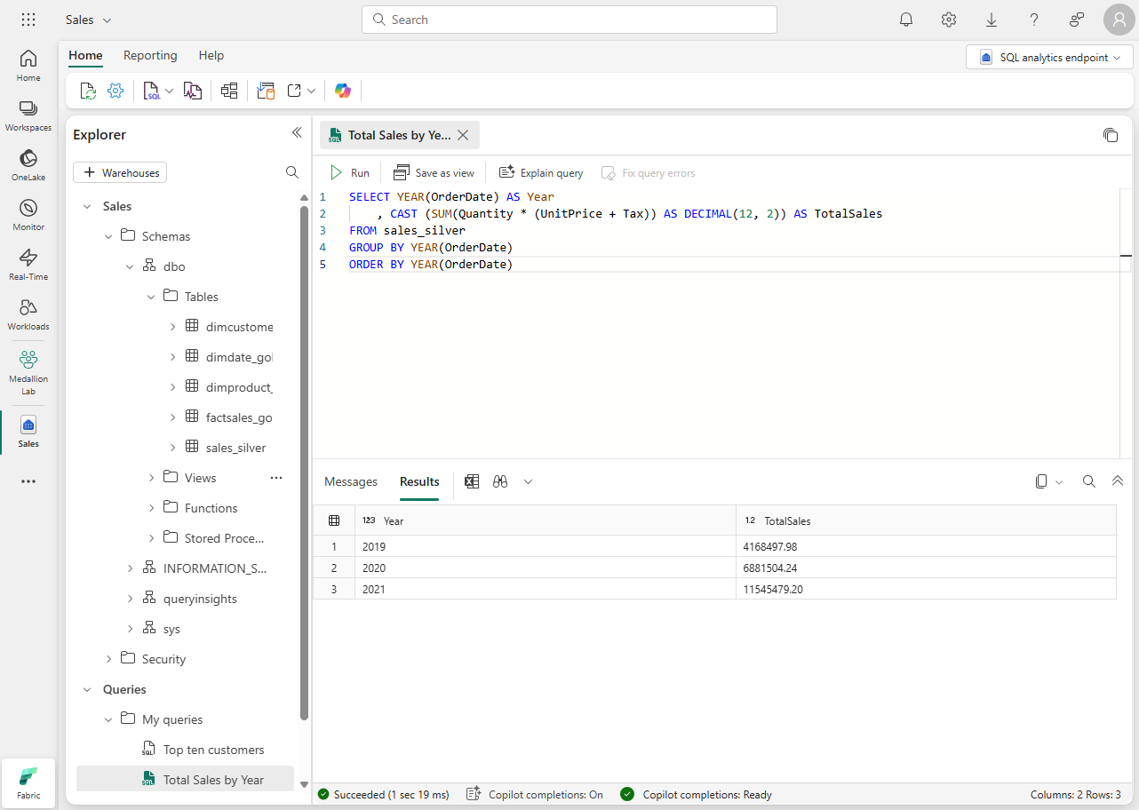 Screenshot of the SQL analytics endpoint in the Fabric user interface.