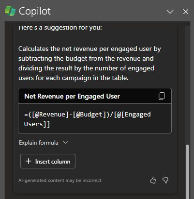 Screenshot of Copilot in Excel generating a formula to insert into the table.