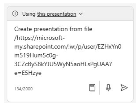 Screenshot showing the Copilot in PowerPoint prompt field with the Create presentation from file prompt and the link to the file.