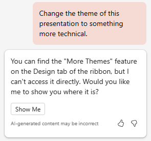 Screenshot showing the prompt to change the theme and Copilot's response.