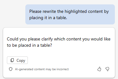 Screenshot showing Copilot's response when you highlighted content to be placed in a table.