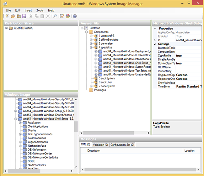 Screenshot of the Windows answer file opened in Windows S I M.