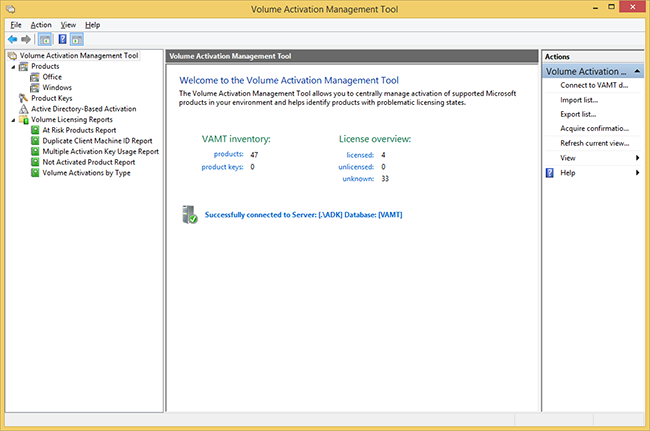 Screenshot of the V A M T tool dashboard. On the left pane, shows products Office and Windows, as well as V L Reports.