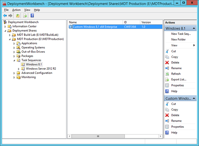 Screenshot of the Deployment Workbench, showing a task sequence.