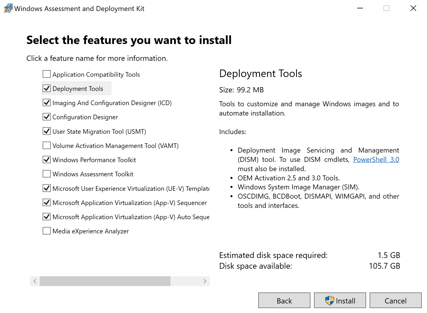 Screenshot of the A D K installer showing the various tools available to choose to install.