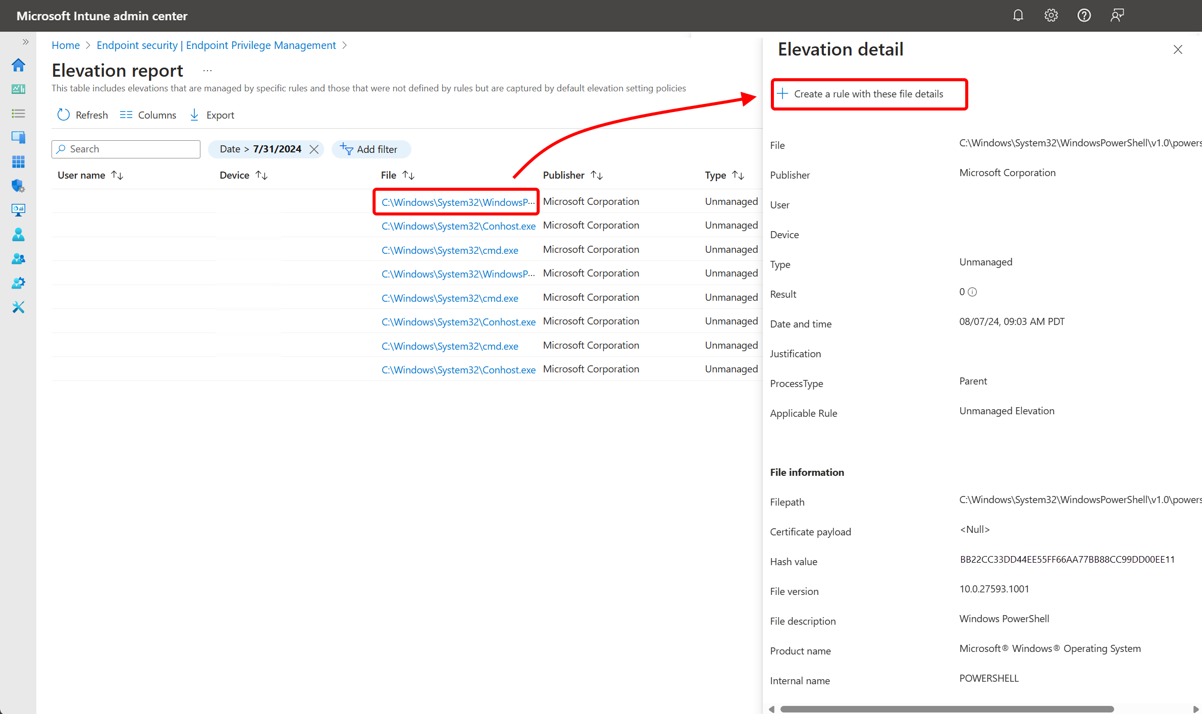 Screenshot of how to create an EPM elevation rule from elevation report details in the Intune admin center.