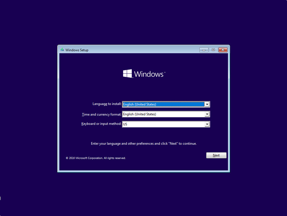 Screenshot showing the first screen displayed when installing Windows10