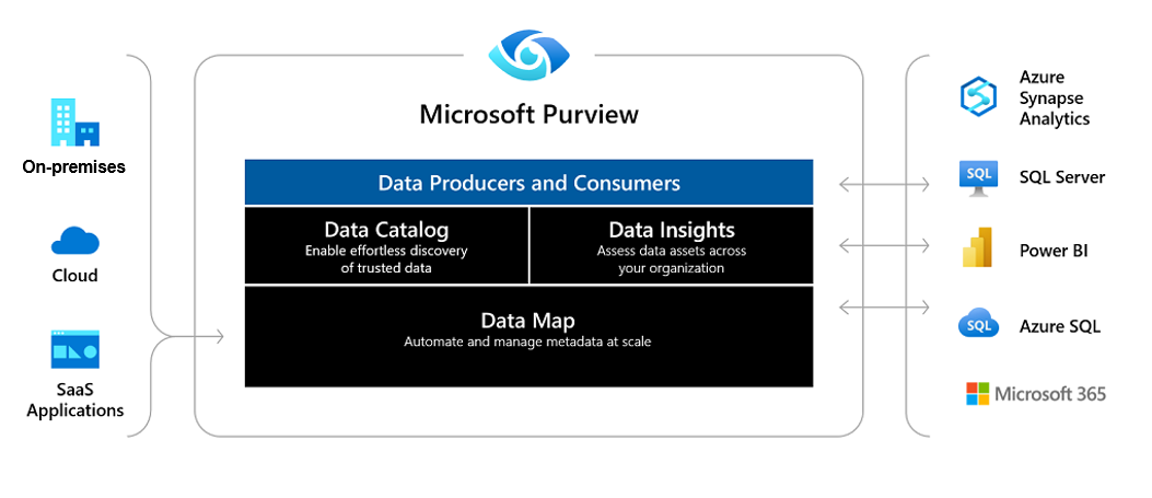 Diagram showing high-level architecture of Microsoft Purview, including Data Catalog, Data Insights, and Data Map.