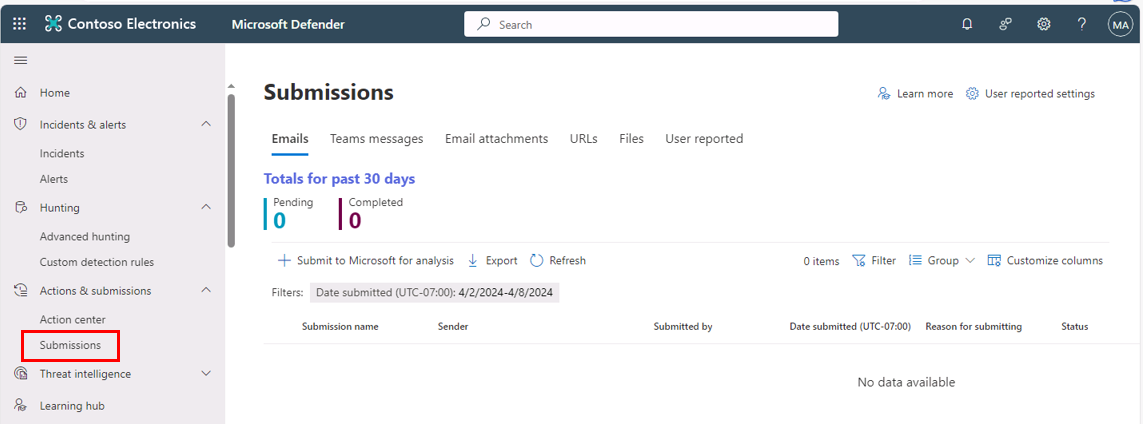 Screenshot showing the Submissions page in the Microsoft Defender portal, and the Submissions pane that appears.