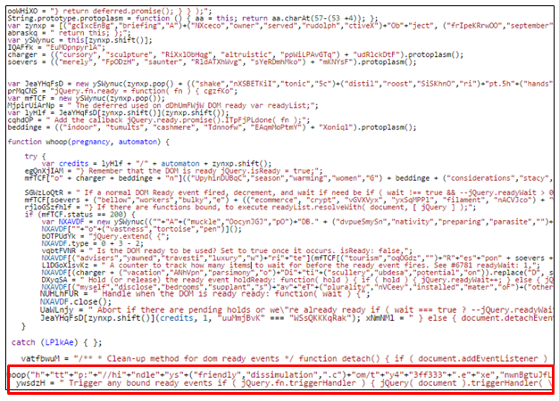 Screenshot of a code sample with two lines redirecting the user's browser to a malicious web site.