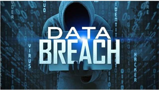 Diagram showing an attacker holding a laptop with the words data breach appearing on top of it.