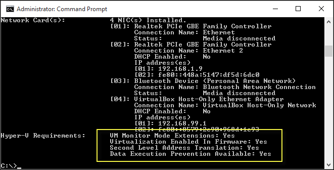 Image showing Hyper-V Requirements when running systeminfo.exe