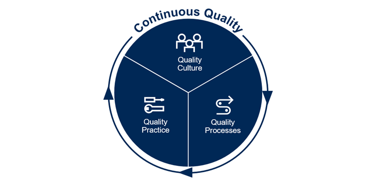 Diagram shows that Continuous Quality includes a quality culture, quality processes, and quality practice.