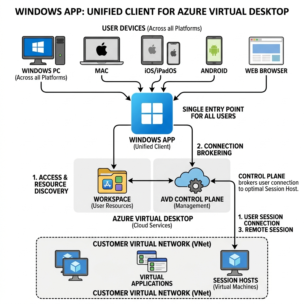 Diagram showing various devices connecting via the unified Windows App to Azure Virtual Desktop services and session hosts.