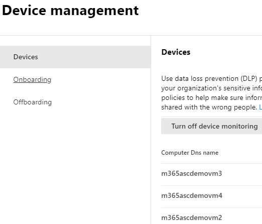 Screenshot of the Device Management center showing the list of devices in which monitoring is turned on.