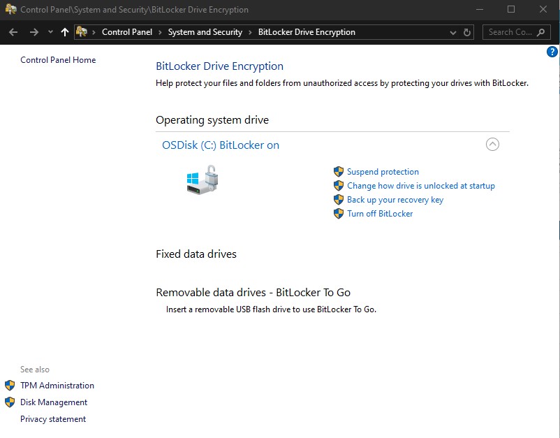 BitLocker Drive Encryption Screen in Control Panel