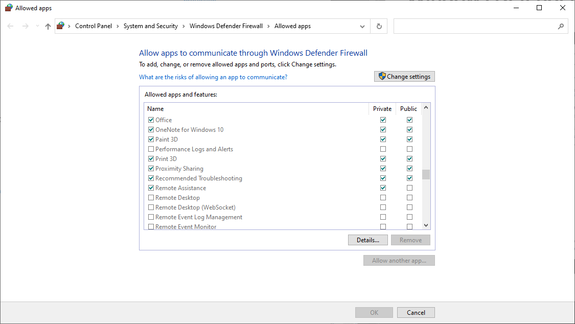 Screenshot in Windows Defender Firewall showing the existing apps that are allowed.