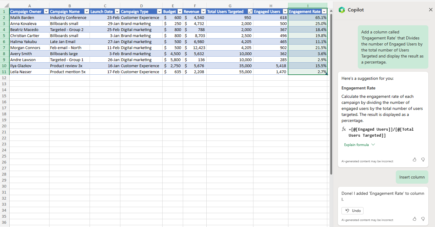Screenshot of Copilot in Excel inserting a column for engagement rate.