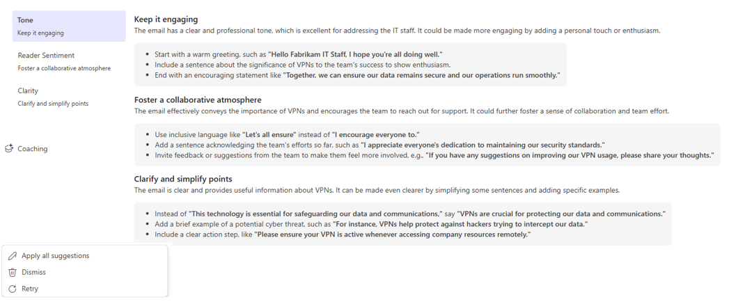 Screenshot of the Coaching window and the suggestions that it offered for an email to Fabrikam's IT staff regarding virtual private networks.