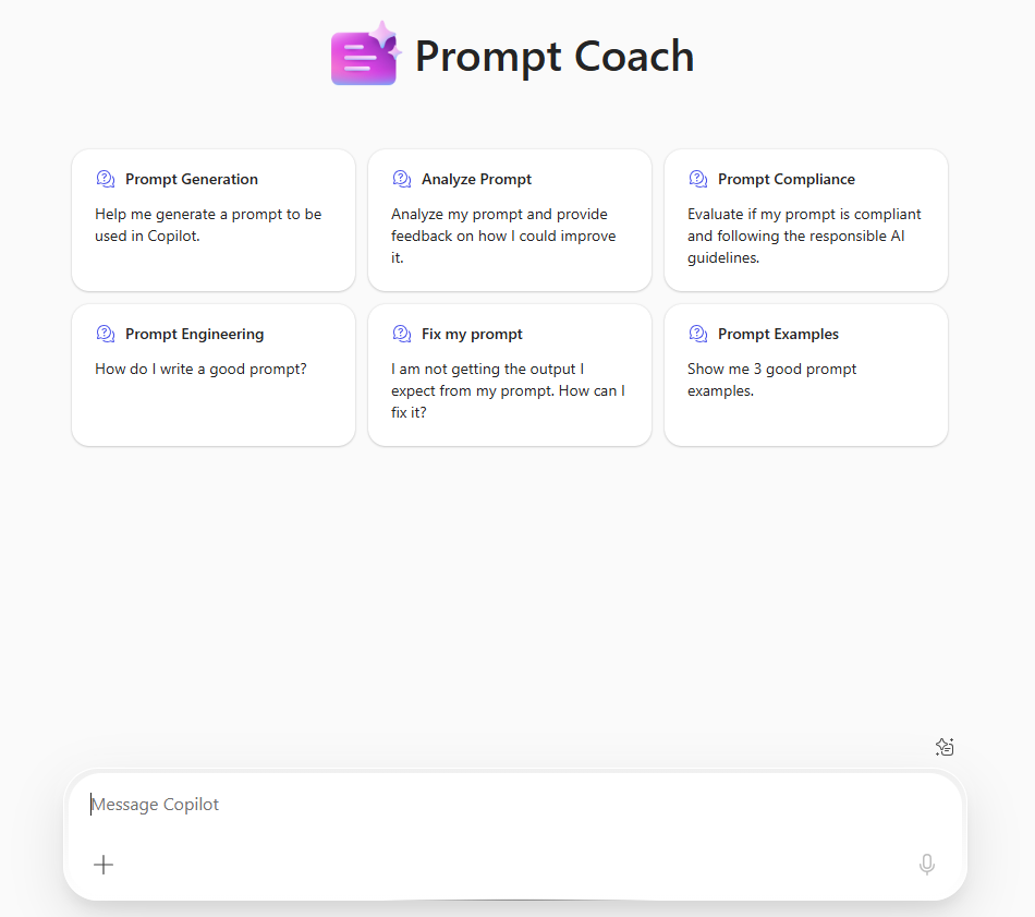 Screenshot of the prebuilt Prompt Coach agent in Microsoft 365 Copilot Chat.
