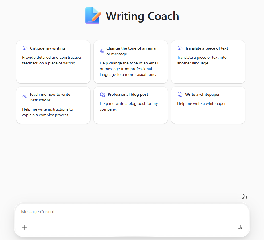 Screenshot of the prebuilt Writing Coach agent in Microsoft 365 Copilot Chat.