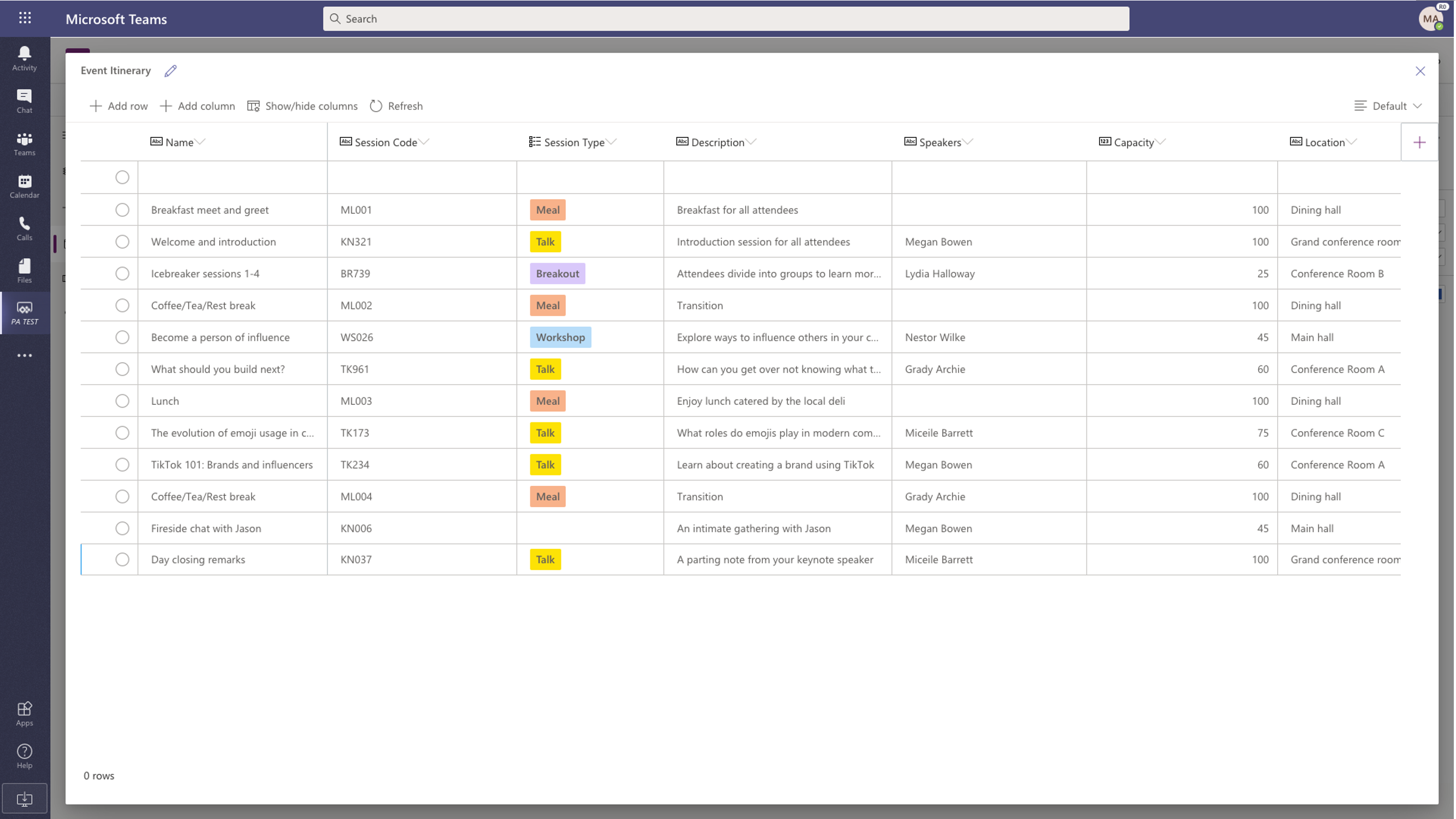 Screenshot of using Microsoft Dataverse for Teams in Teams client.