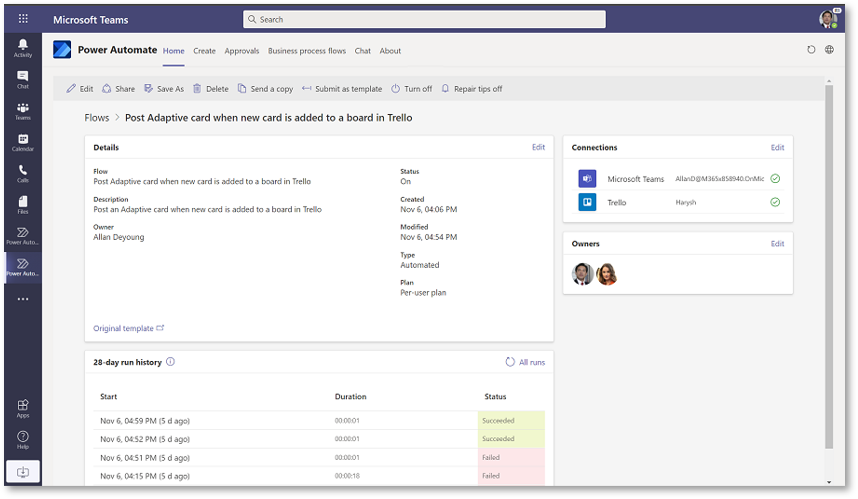 Screenshot of using Power Automate in Microsoft Teams.