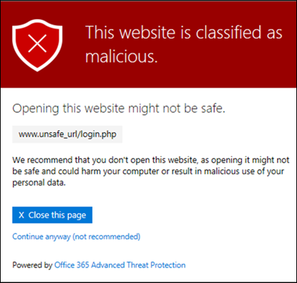 Screenshot of a Safe link warning that states that the website is classified as malicious