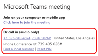 Teams meeting information showing Telephone numbers for calling in to meeting