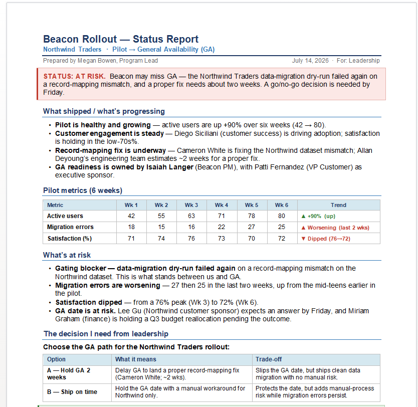 Screenshot of a rollout status report in Word, with an At Risk callout, progress sections, a pilot metrics table, and a decision table.