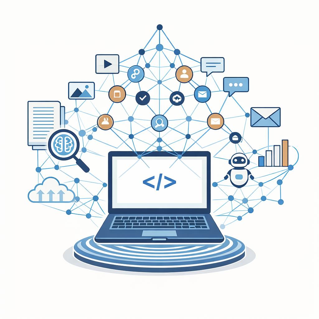 Diagram of a laptop with a set of interconnected icons representing a user's work environment.