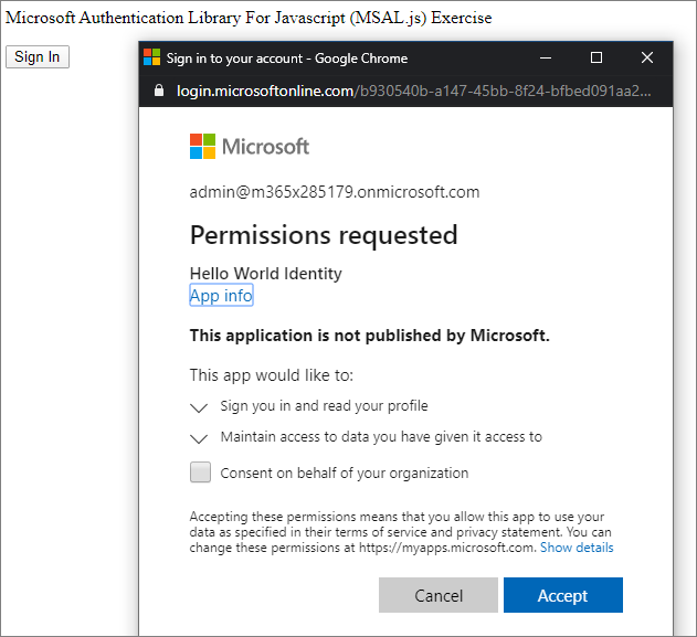 Screenshot of Azure AD popup sign in experience