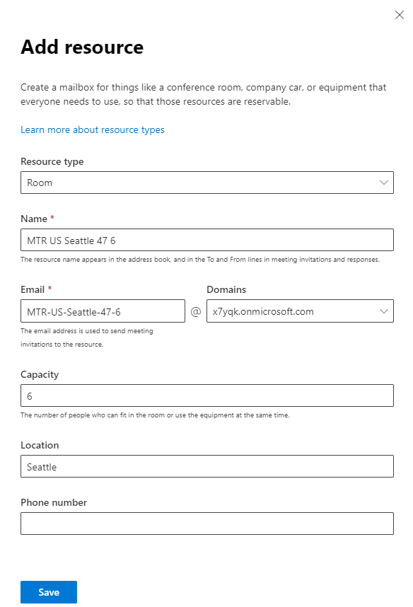 Screenshot of the Add resource form in the Microsoft 365 admin center.
