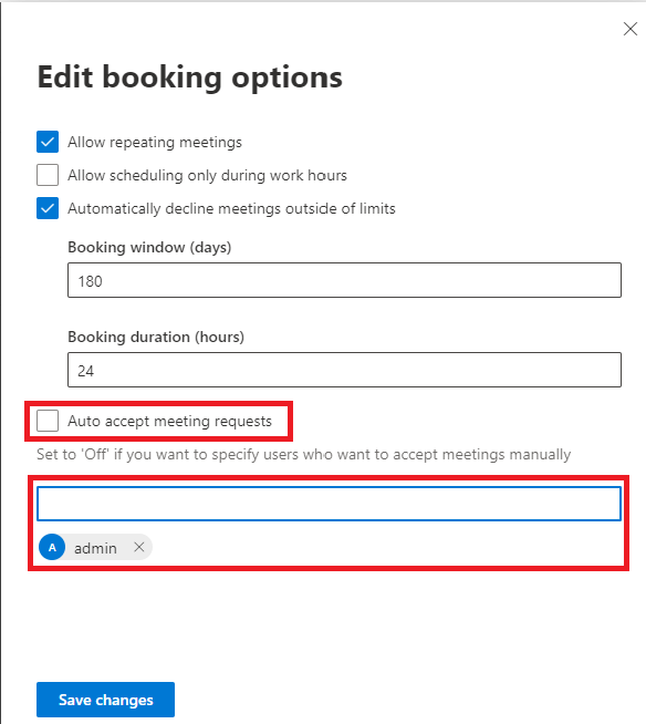 Screenshot of the Edit booking options form in the Microsoft 365 admin center.