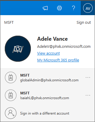 Screenshot of account switching menu in Microsoft 365.