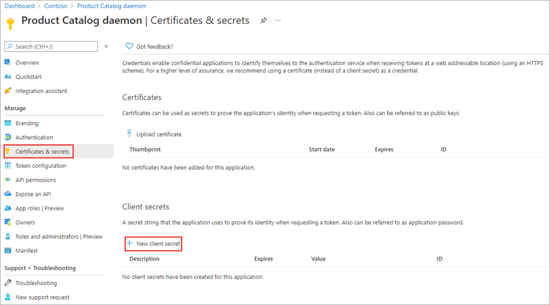 Screenshot of the Certificates & Secrets page in the Azure AD admin center