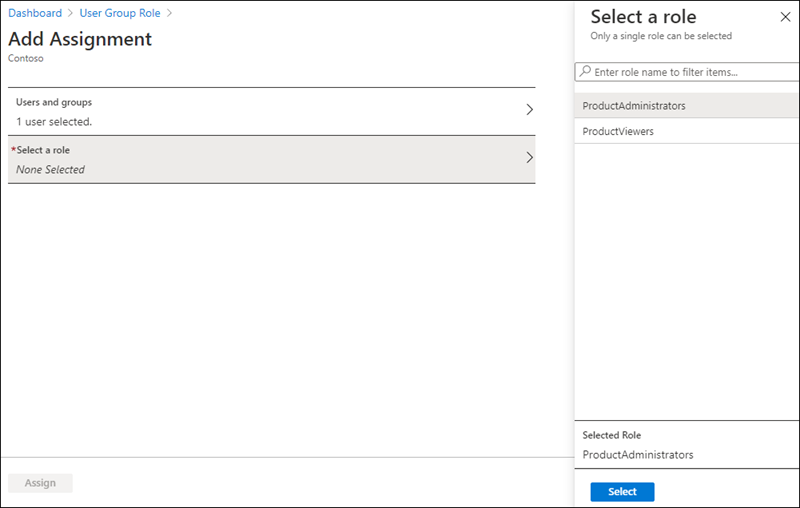 Screenshot of adding an assignment to the User Group Role page